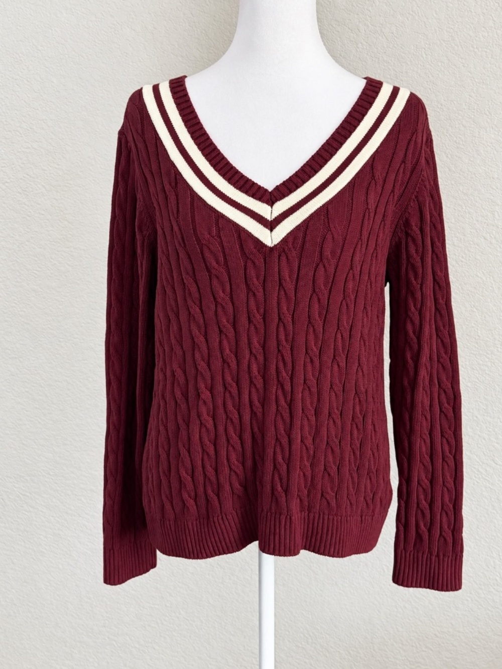 Lands End 100% Cotton Varsity Collegiate Cable Knit Sweater Burgundy SZ Large - Picture 2 of 9